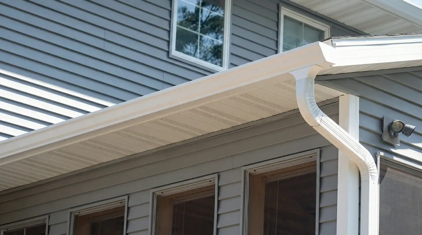 Professional home remodeling project showing newly installed white seamless gutters and downspouts on a house with gray siding in Columbus, GA