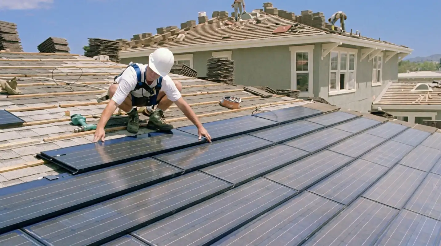 Roof replacement expert installing modern solar shingles on a residential home in Columbus, GA