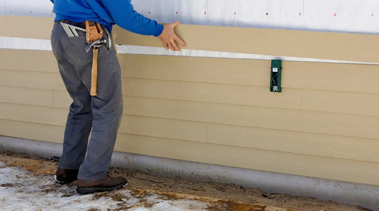 Siding replacement expert carefully aligning a new tan siding panel onto a residential exterior wall in Columbus, GA