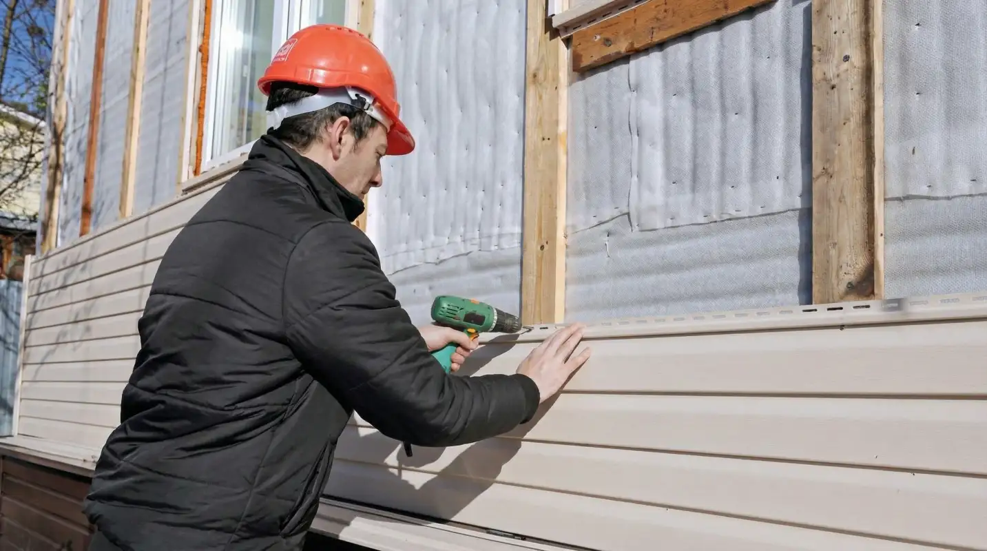 Siding replacement professional using a power drill to install new tan vinyl siding on a home exterior in Columbus, GA