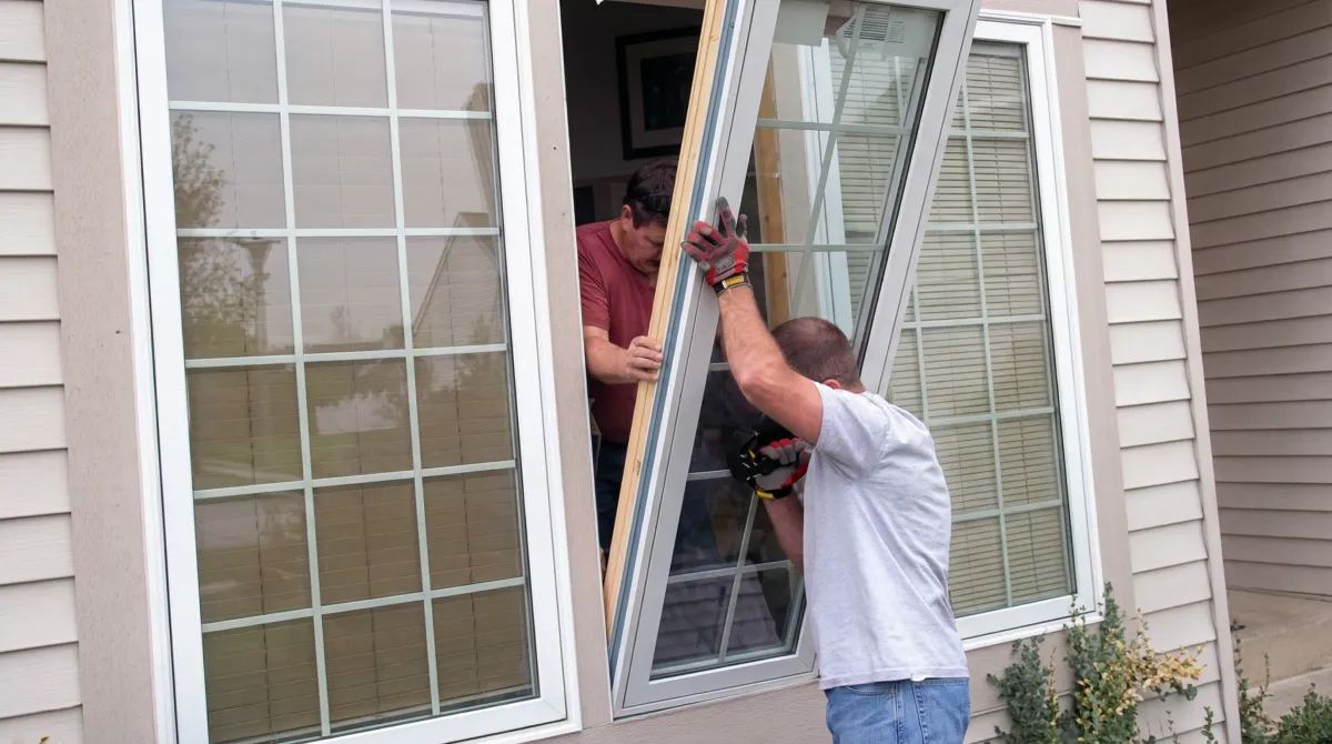 Professional home remodeling team installing a large replacement window on a house with tan siding in Columbus, GA