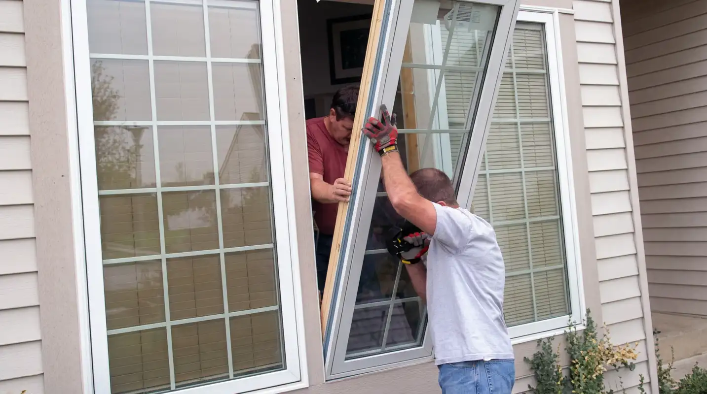 Professional home remodeling team installing a large replacement window on a house with tan siding in Columbus, GA